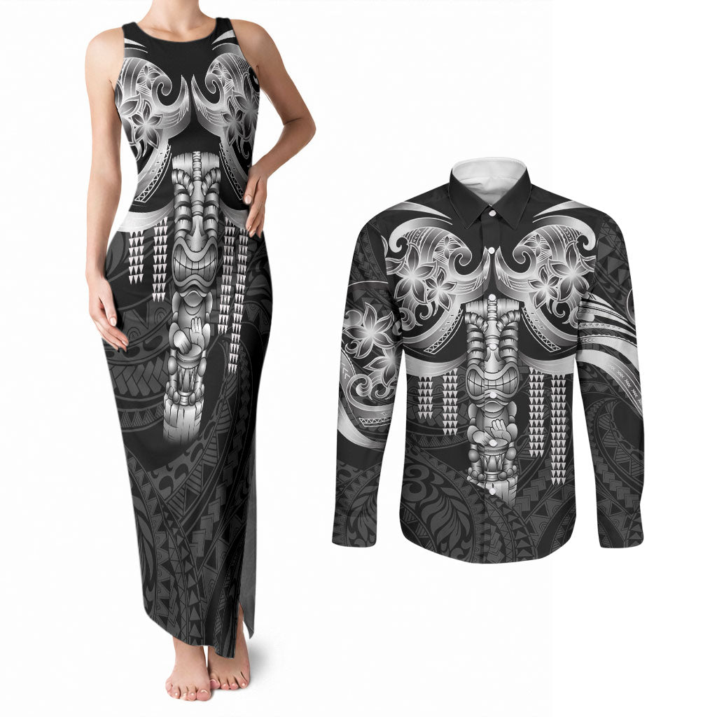 Tiki Drum Hawaii Couples Matching Tank Maxi Dress and Long Sleeve Button Shirt Hawaiian Kakau Tattoo Style