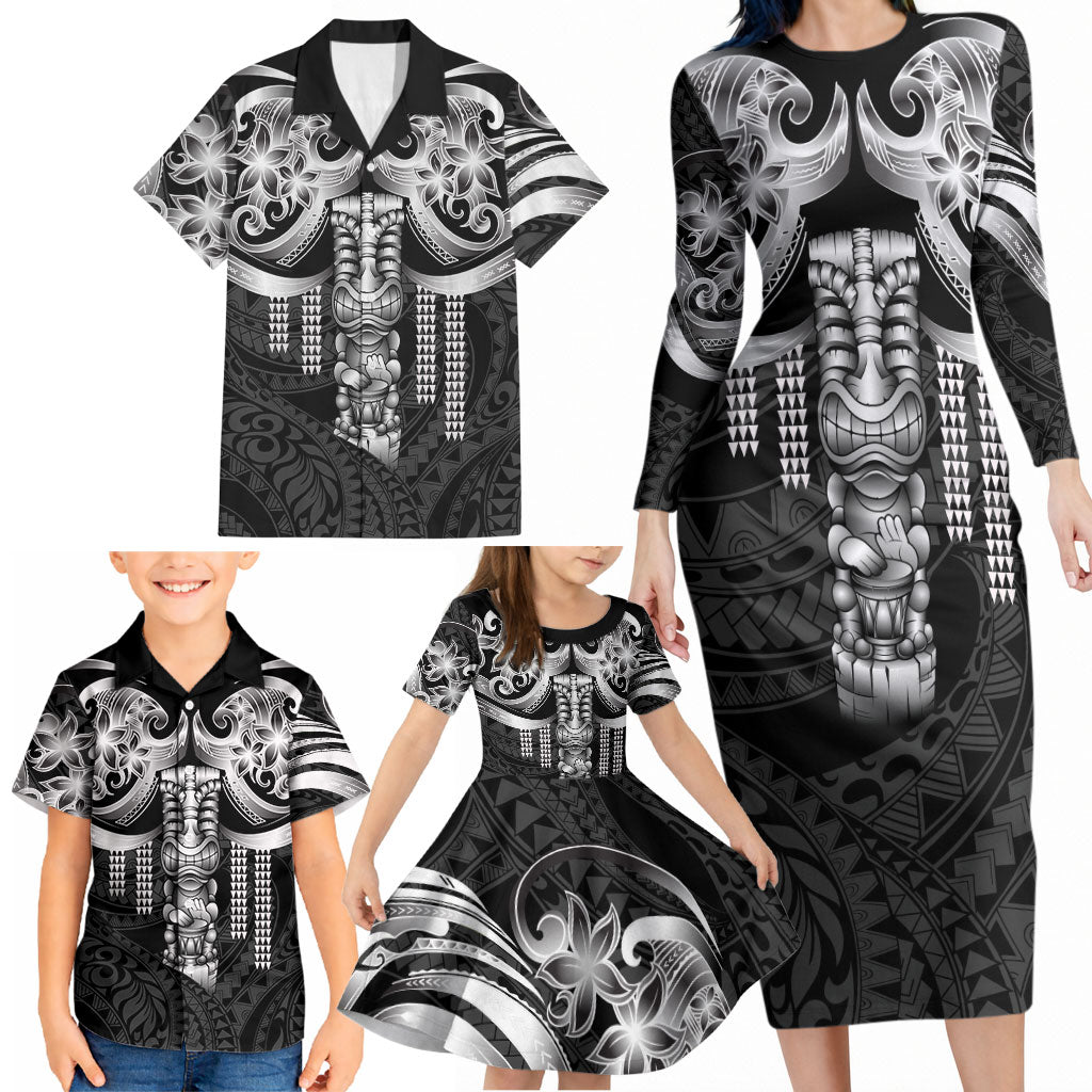 Tiki Drum Hawaii Family Matching Long Sleeve Bodycon Dress and Hawaiian Shirt Hawaiian Kakau Tattoo Style LT14 - Polynesian Pride