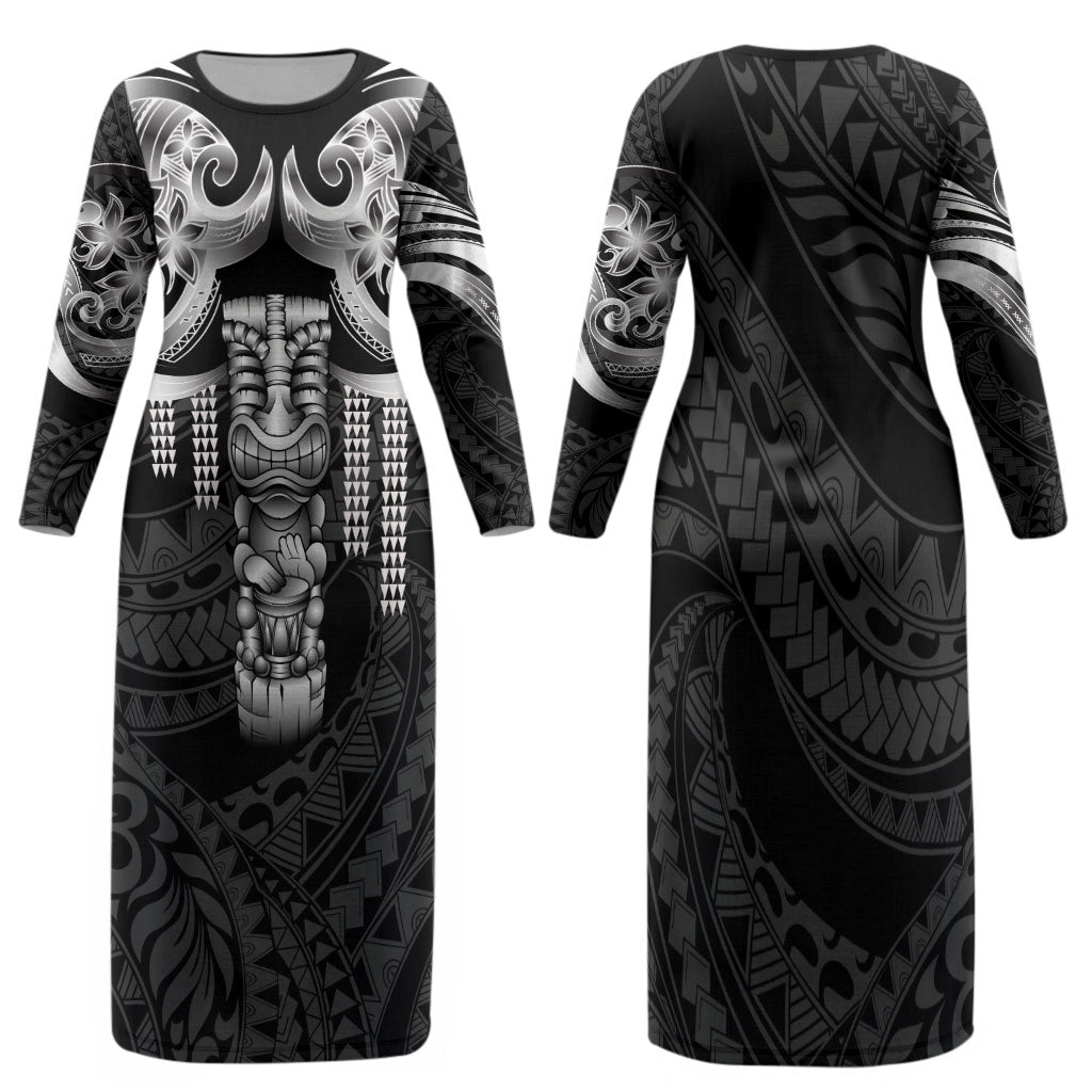 Tiki Drum Hawaii Family Matching Long Sleeve Bodycon Dress and Hawaiian Shirt Hawaiian Kakau Tattoo Style