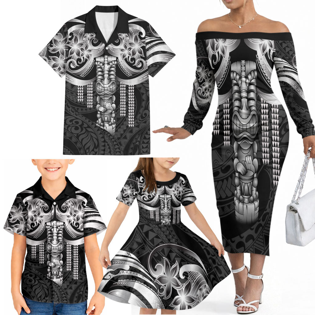 Tiki Drum Hawaii Family Matching Off The Shoulder Long Sleeve Dress and Hawaiian Shirt Hawaiian Kakau Tattoo Style