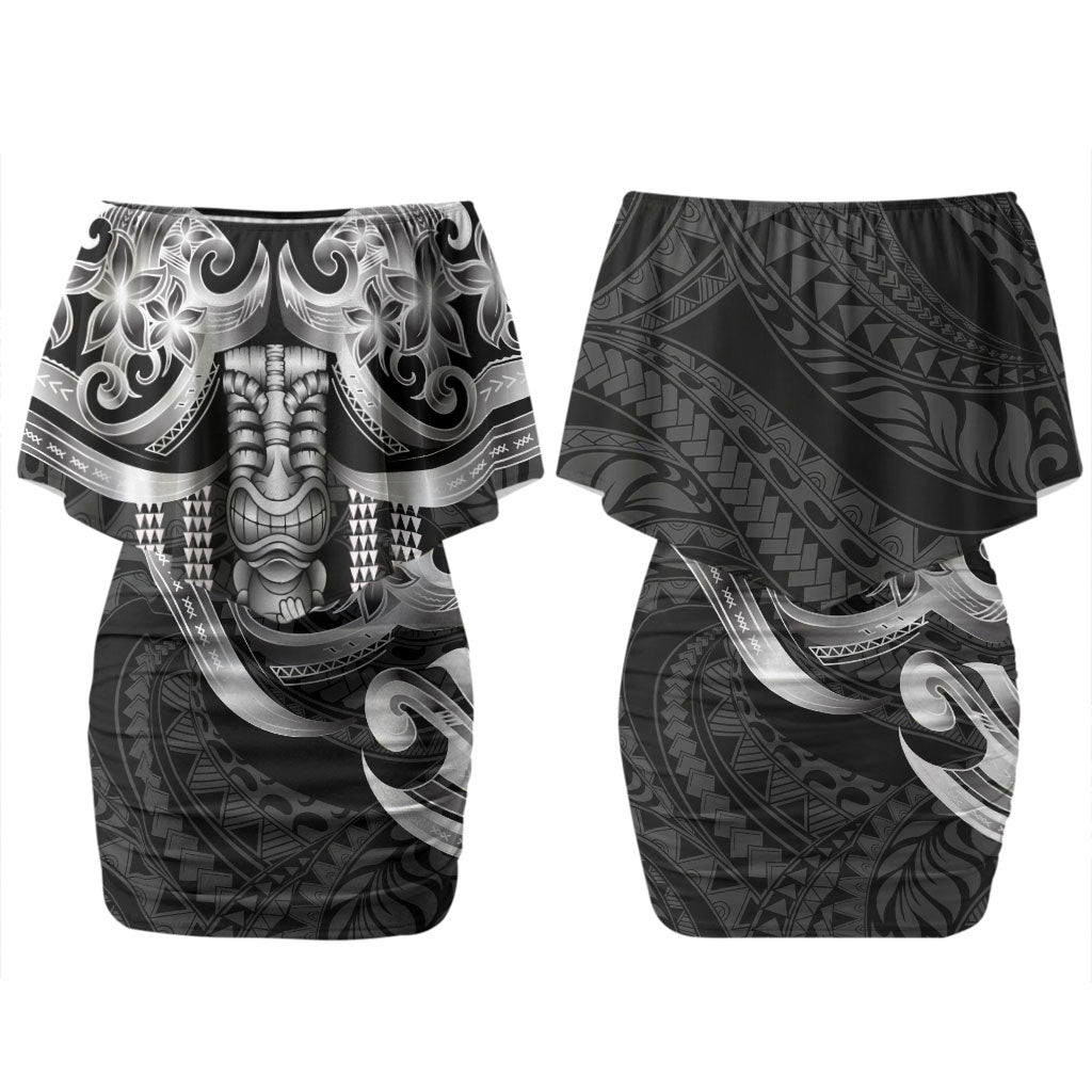 Tiki Drum Hawaii Family Matching Off Shoulder Short Dress and Hawaiian Shirt Hawaiian Kakau Tattoo Style