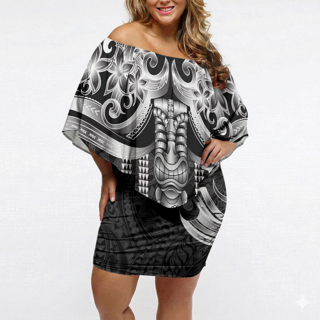 Tiki Drum Hawaii Off Shoulder Short Dress Hawaiian Kakau Tattoo Style