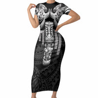 Tiki Drum Hawaii Short Sleeve Bodycon Dress Hawaiian Kakau Tattoo Style