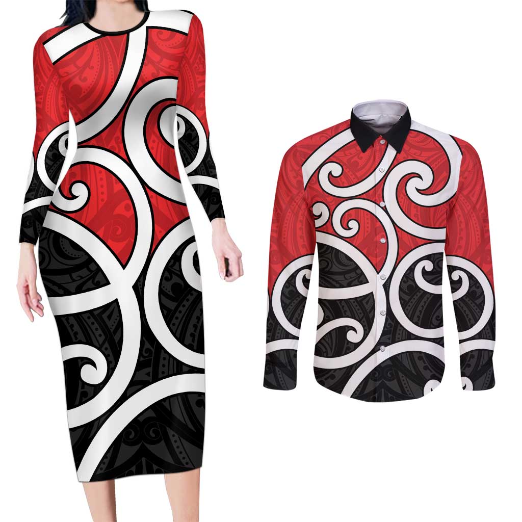 New Zealand Couples Matching Long Sleeve Bodycon Dress and Long Sleeve Button Shirt Maori Koru Tino Rangatiratanga Color - Polynesian Pride