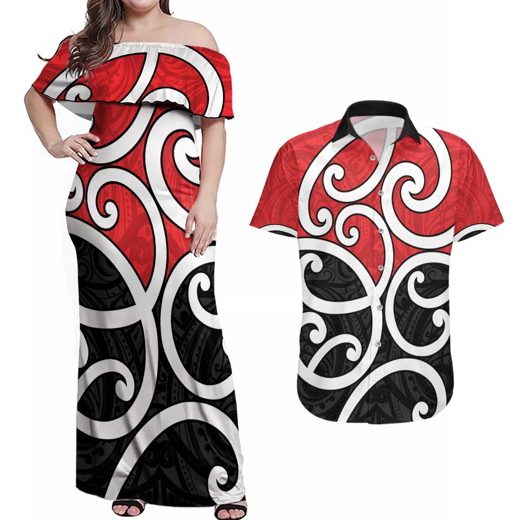 New Zealand Couples Matching Off Shoulder Maxi Dress and Hawaiian Shirt Maori Koru Tino Rangatiratanga Color - Polynesian Pride