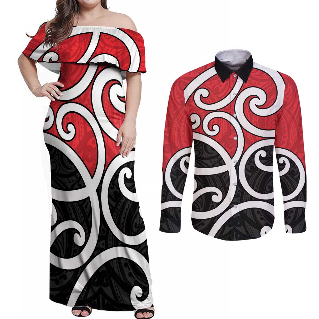New Zealand Couples Matching Off Shoulder Maxi Dress and Long Sleeve Button Shirt Maori Koru Tino Rangatiratanga Color - Polynesian Pride