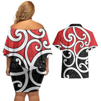 New Zealand Couples Matching Off Shoulder Short Dress and Hawaiian Shirt Maori Koru Tino Rangatiratanga Color - Polynesian Pride