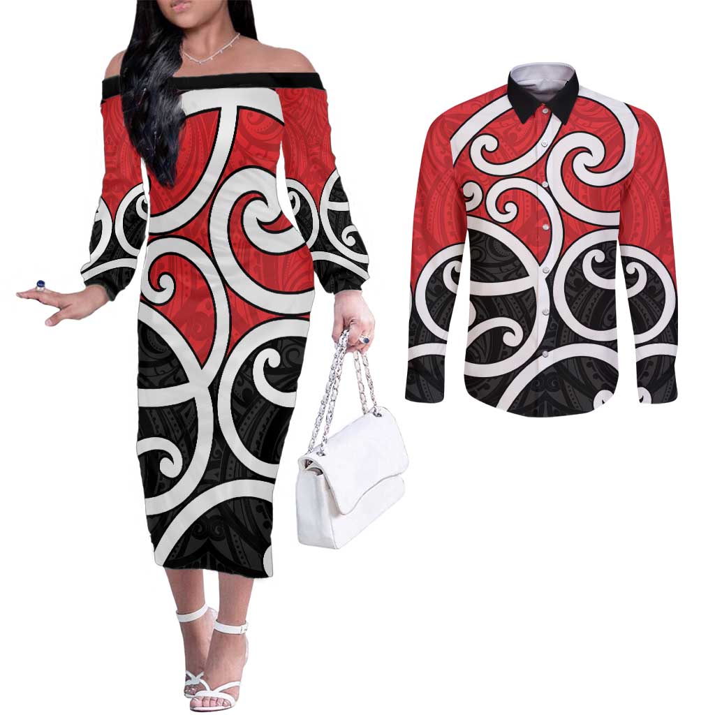 New Zealand Couples Matching Off The Shoulder Long Sleeve Dress and Long Sleeve Button Shirt Maori Koru Tino Rangatiratanga Color - Polynesian Pride
