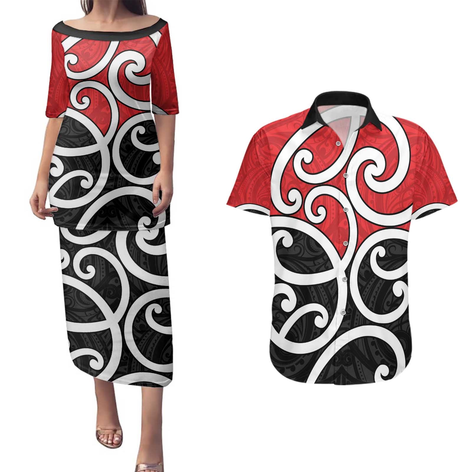 New Zealand Couples Matching Puletasi and Hawaiian Shirt Maori Koru Tino Rangatiratanga Color - Polynesian Pride