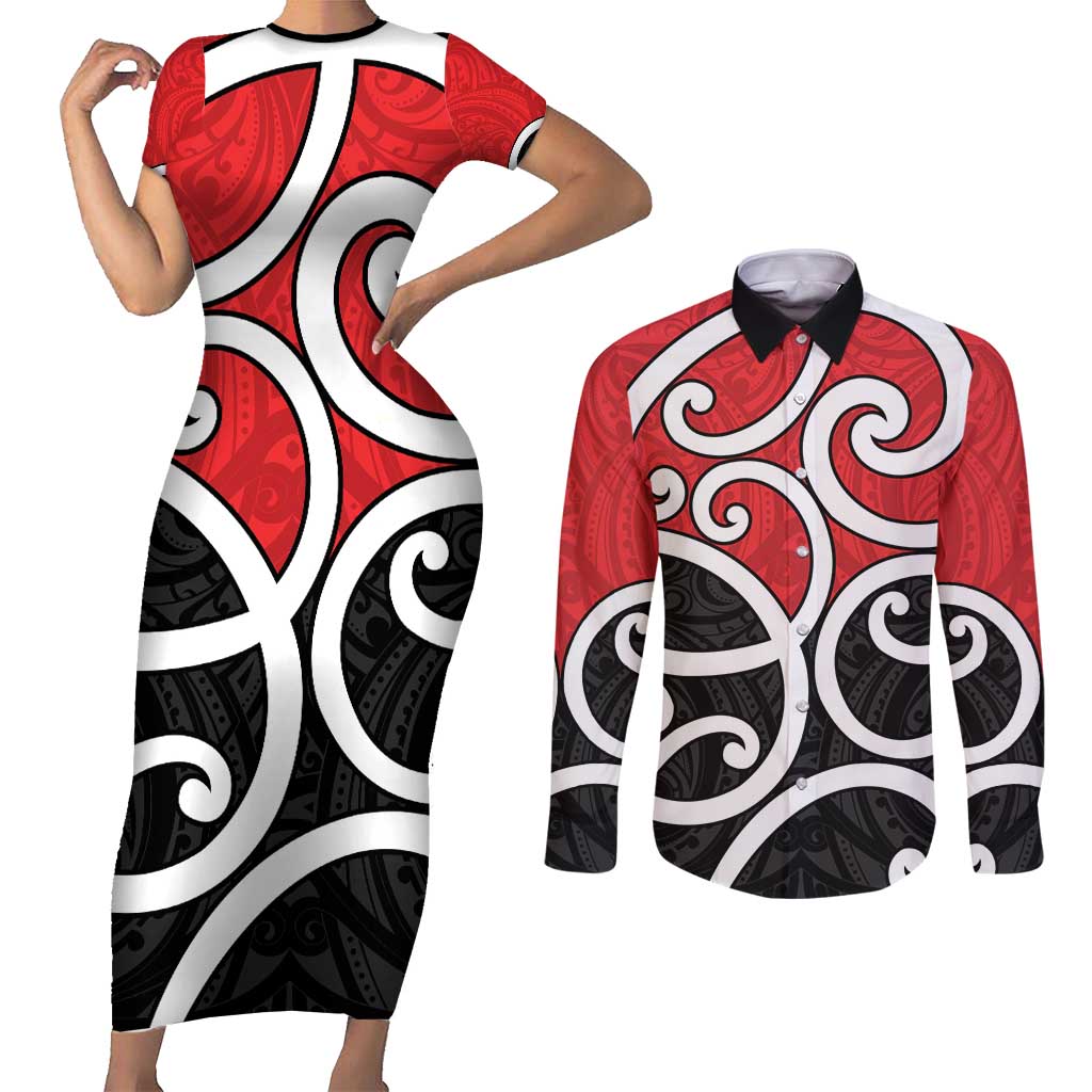 New Zealand Couples Matching Short Sleeve Bodycon Dress and Long Sleeve Button Shirt Maori Koru Tino Rangatiratanga Color - Polynesian Pride