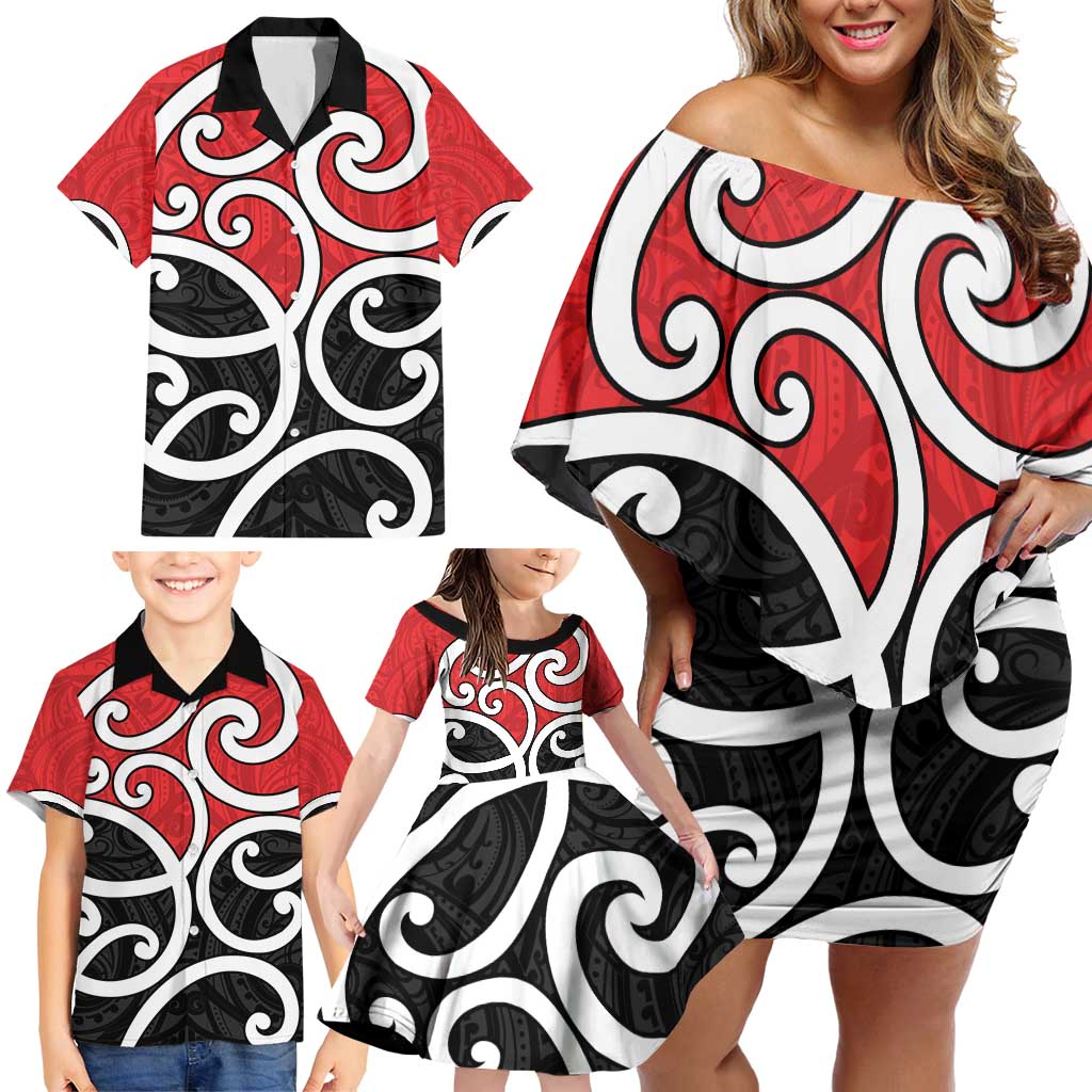 New Zealand Family Matching Off Shoulder Short Dress and Hawaiian Shirt Maori Koru Tino Rangatiratanga Color - Polynesian Pride