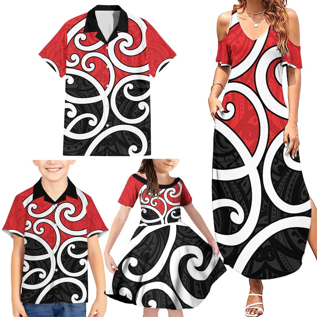 New Zealand Family Matching Summer Maxi Dress and Hawaiian Shirt Maori Koru Tino Rangatiratanga Color - Polynesian Pride