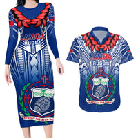 Custom Samoa Rugby Couples Matching Long Sleeve Bodycon Dress and Hawaiian Shirt 2023 Go Manu Samoa With Ula Fala Style LT14 Blue - Polynesian Pride