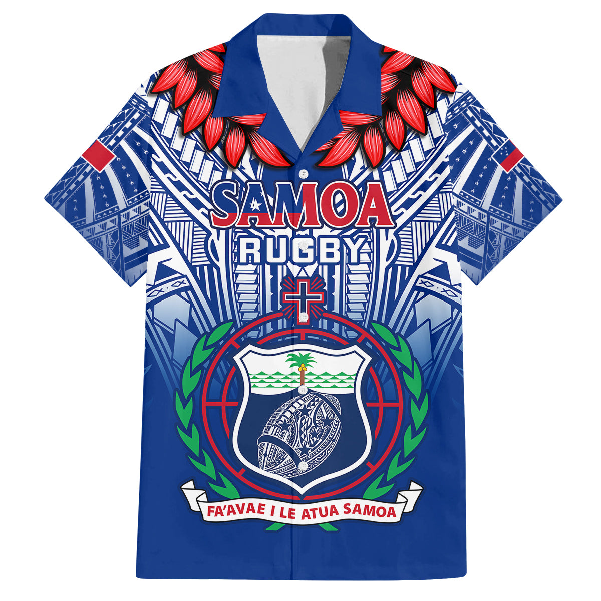 Custom Samoa Rugby Family Matching Puletasi Dress and Hawaiian Shirt 2023 Go Manu Samoa With Ula Fala Style LT14 Dad's Shirt - Short Sleeve Blue - Polynesian Pride