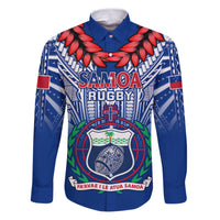 Custom Samoa Rugby Family Matching Puletasi Dress and Hawaiian Shirt 2023 Go Manu Samoa With Ula Fala Style LT14 Dad's Shirt - Long Sleeve Blue - Polynesian Pride