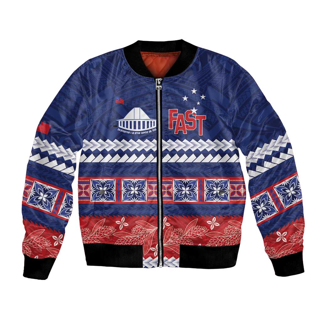 Personalised FAST Samoa Siapo Bomber Jacket Teuila Flowers Samoan Pattern LT14 Unisex Blue - Polynesian Pride
