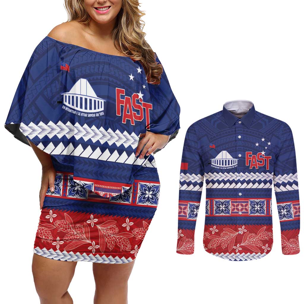 Personalised FAST Samoa Siapo Couples Matching Off Shoulder Short Dress and Long Sleeve Button Shirt Teuila Flowers Samoan Pattern LT14 Blue - Polynesian Pride