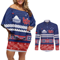 Personalised FAST Samoa Siapo Couples Matching Off Shoulder Short Dress and Long Sleeve Button Shirt Teuila Flowers Samoan Pattern LT14 Blue - Polynesian Pride