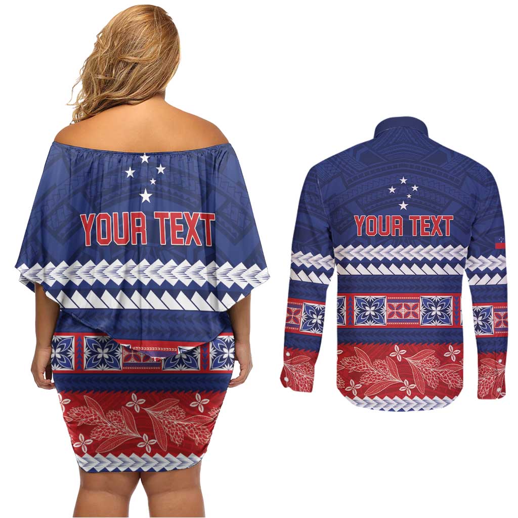 Personalised FAST Samoa Siapo Couples Matching Off Shoulder Short Dress and Long Sleeve Button Shirt Teuila Flowers Samoan Pattern LT14 - Polynesian Pride