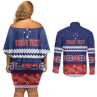 Personalised FAST Samoa Siapo Couples Matching Off Shoulder Short Dress and Long Sleeve Button Shirt Teuila Flowers Samoan Pattern LT14 - Polynesian Pride