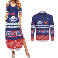 Personalised FAST Samoa Siapo Couples Matching Summer Maxi Dress and Long Sleeve Button Shirt Teuila Flowers Samoan Pattern LT14 Blue - Polynesian Pride