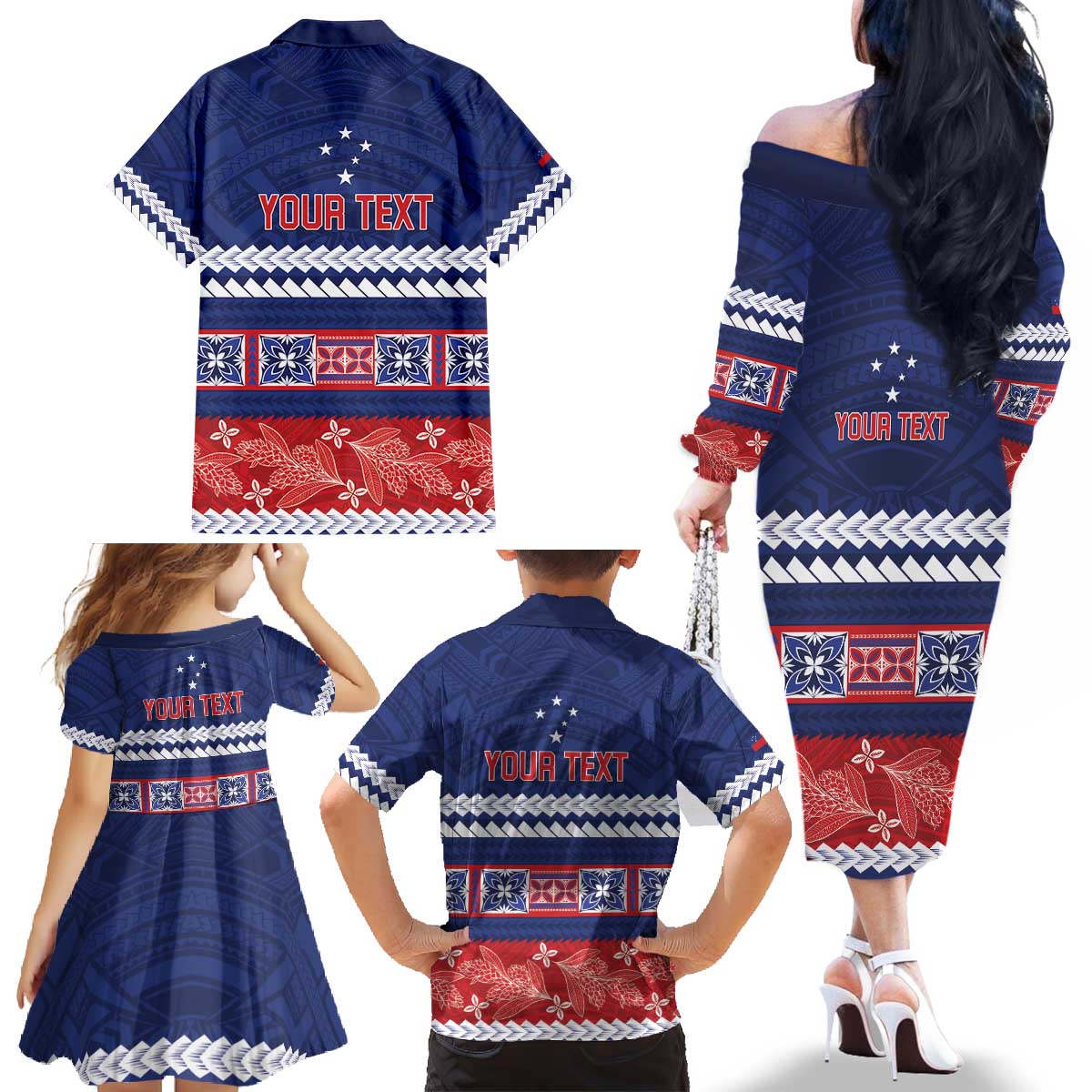 Personalised FAST Samoa Siapo Family Matching Off The Shoulder Long Sleeve Dress and Hawaiian Shirt Teuila Flowers Samoan Pattern - Polynesian Pride