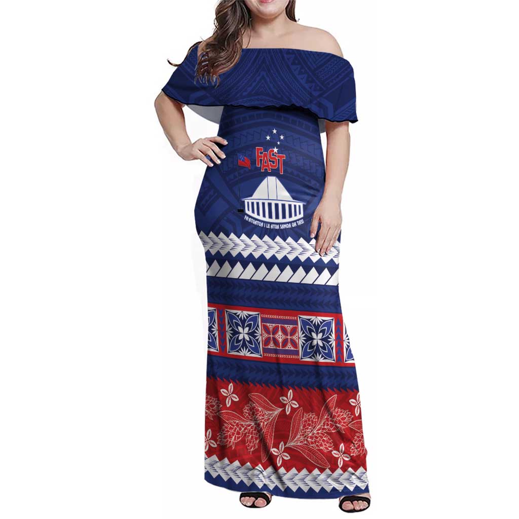 Personalised FAST Samoa Siapo Family Matching Off Shoulder Maxi Dress and Hawaiian Shirt Teuila Flowers Samoan Pattern - Polynesian Pride