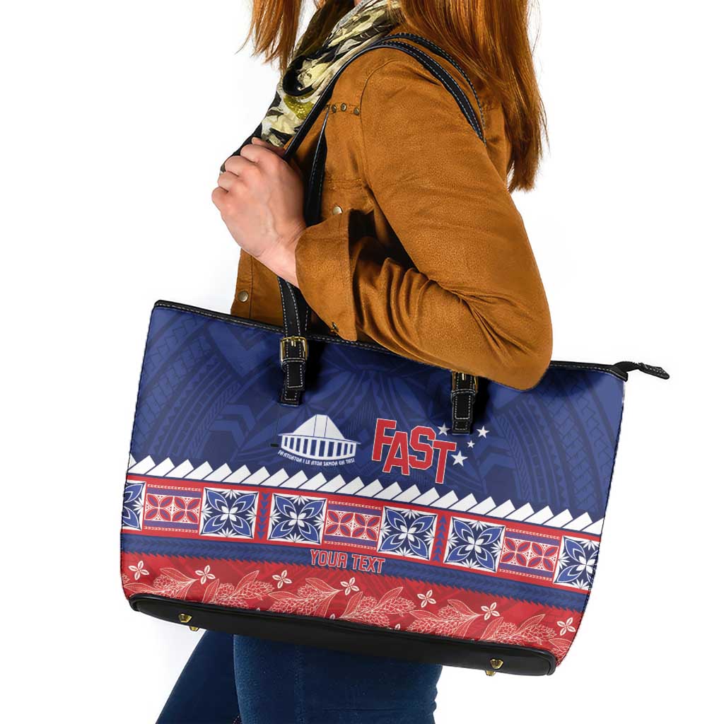 Personalised FAST Samoa Siapo Leather Tote Bag Teuila Flowers Samoan Pattern LT14 Blue - Polynesian Pride