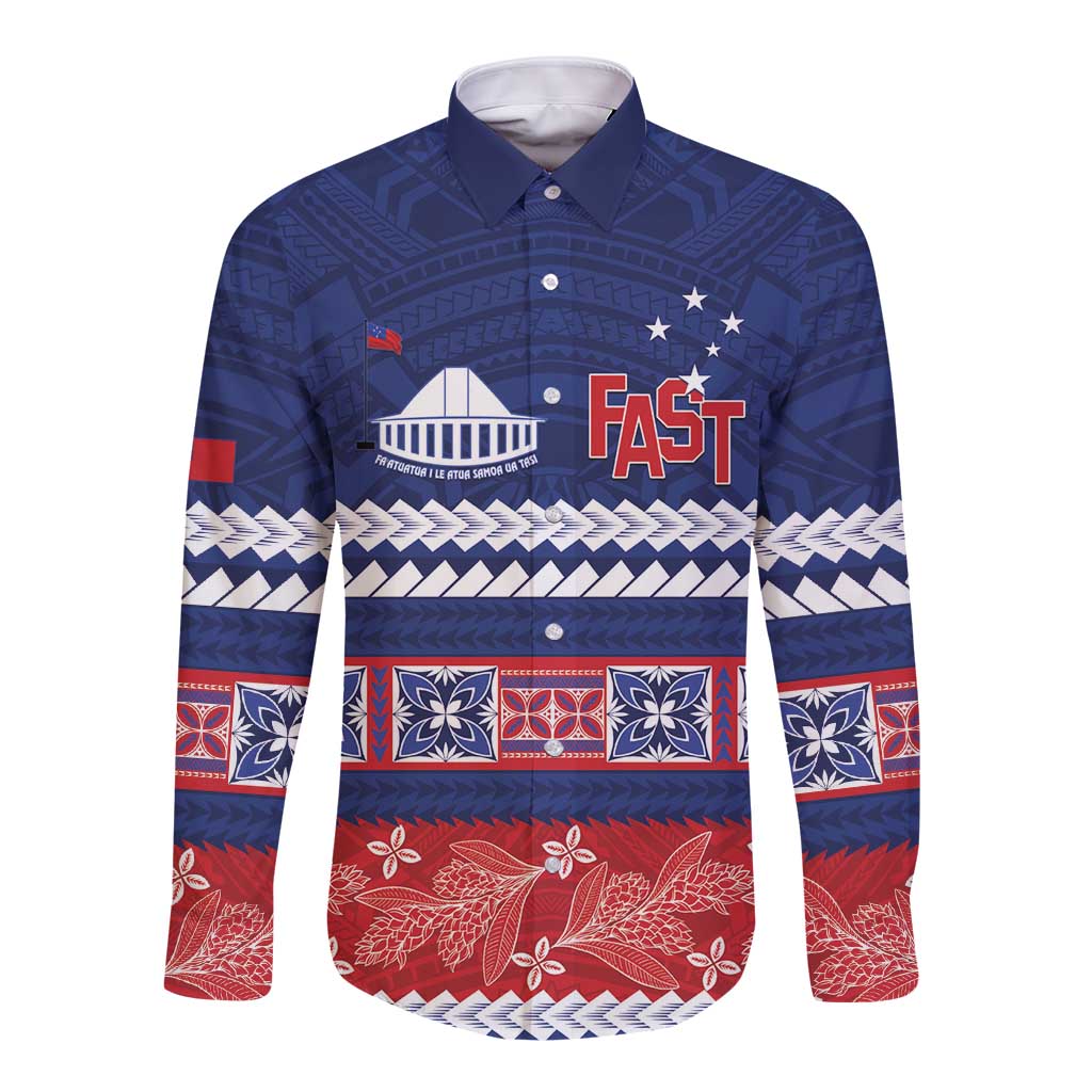 Personalised FAST Samoa Siapo Long Sleeve Button Shirt Teuila Flowers Samoan Pattern LT14 Unisex Blue - Polynesian Pride
