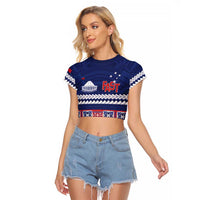 Personalised FAST Samoa Siapo Raglan Cropped T Shirt Teuila Flowers Samoan Pattern LT14 Female Blue - Polynesian Pride