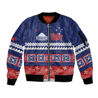 Personalised FAST Samoa Siapo Sleeve Zip Bomber Jacket Teuila Flowers Samoan Pattern LT14 Unisex Blue - Polynesian Pride