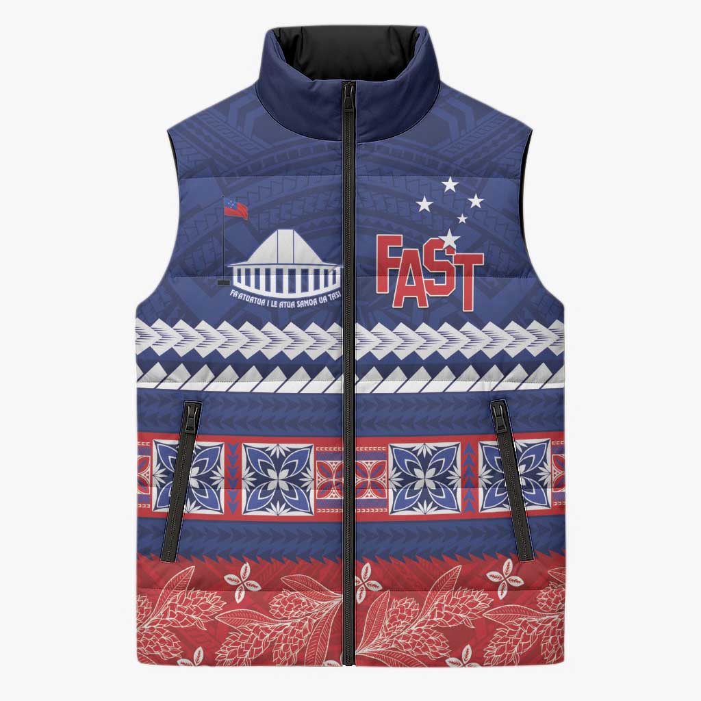 Personalised FAST Samoa Siapo Sleeveless Puffer Jacket Teuila Flowers Samoan Pattern - Polynesian Pride