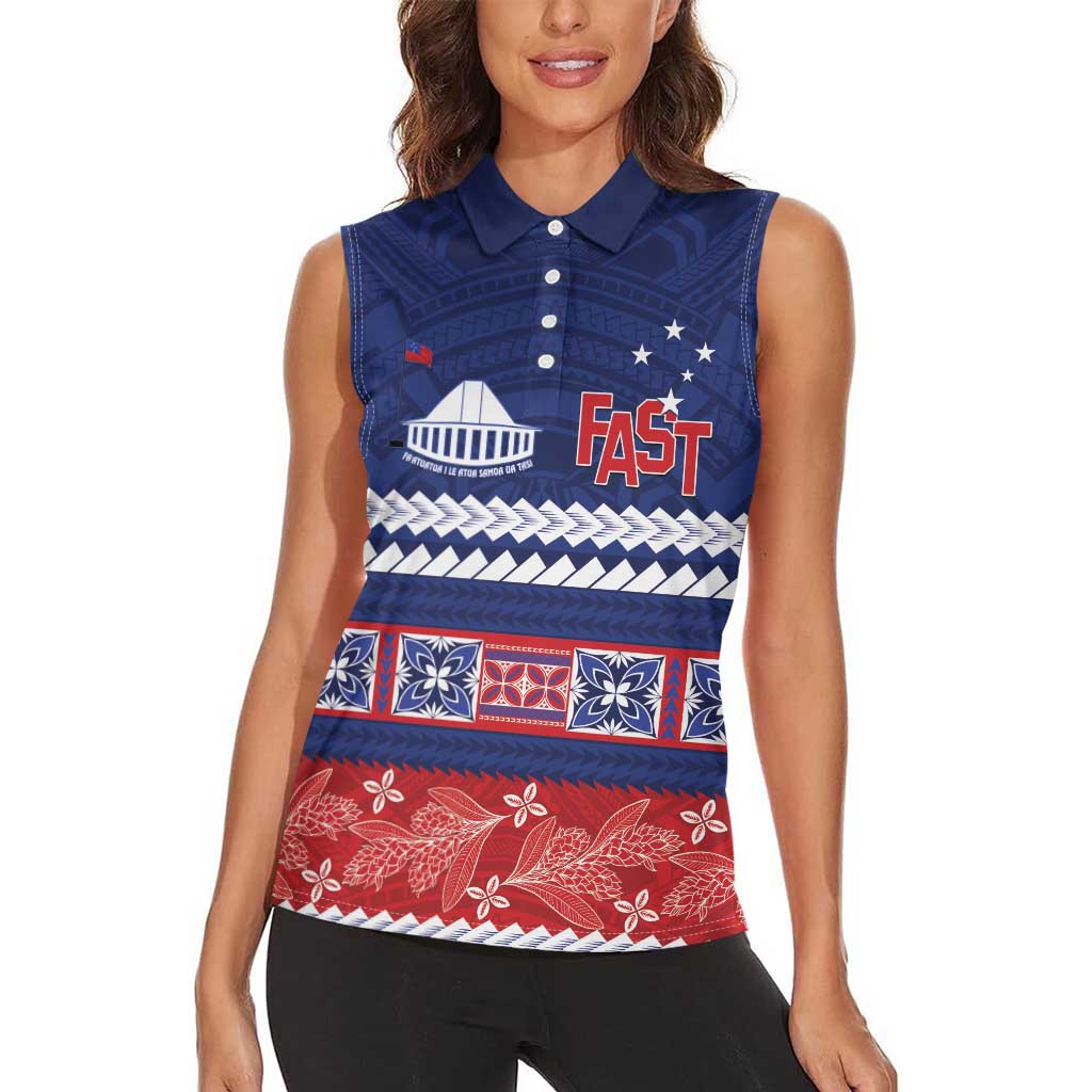 Personalised FAST Samoa Siapo Women Sleeveless Polo Shirt Teuila Flowers Samoan Pattern - Polynesian Pride