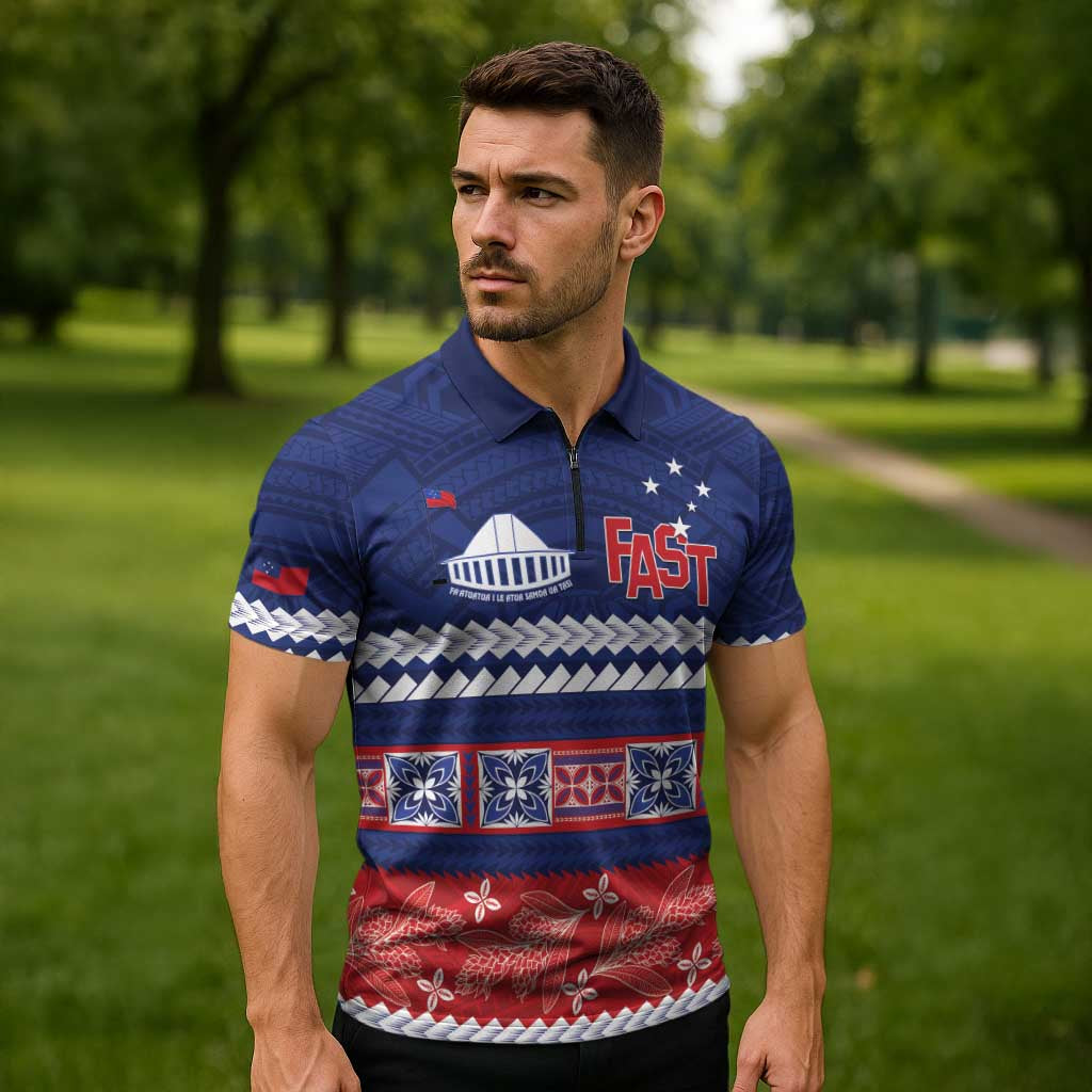 Personalised FAST Samoa Siapo Zipper Polo Shirt Teuila Flowers Samoan Pattern - Polynesian Pride