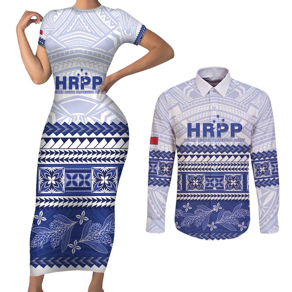 Personalised HRPP Samoa Siapo Couples Matching Short Sleeve Bodycon Dress and Long Sleeve Button Shirt Teuila Flowers Samoan Pattern - Polynesian Pride