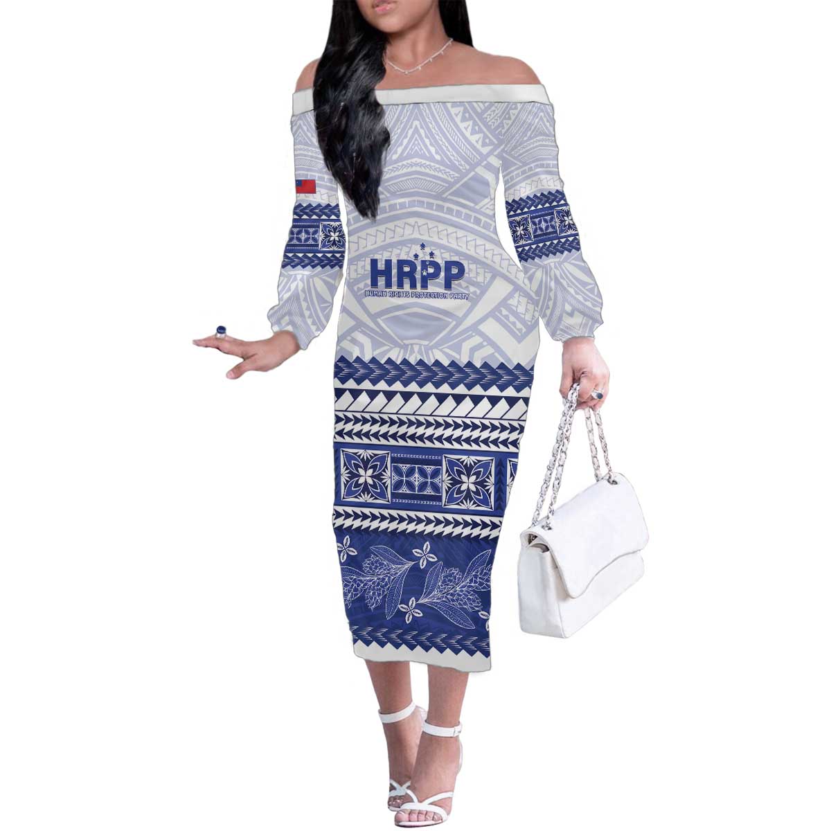 Personalised HRPP Samoa Siapo Family Matching Off The Shoulder Long Sleeve Dress and Hawaiian Shirt Teuila Flowers Samoan Pattern - Polynesian Pride