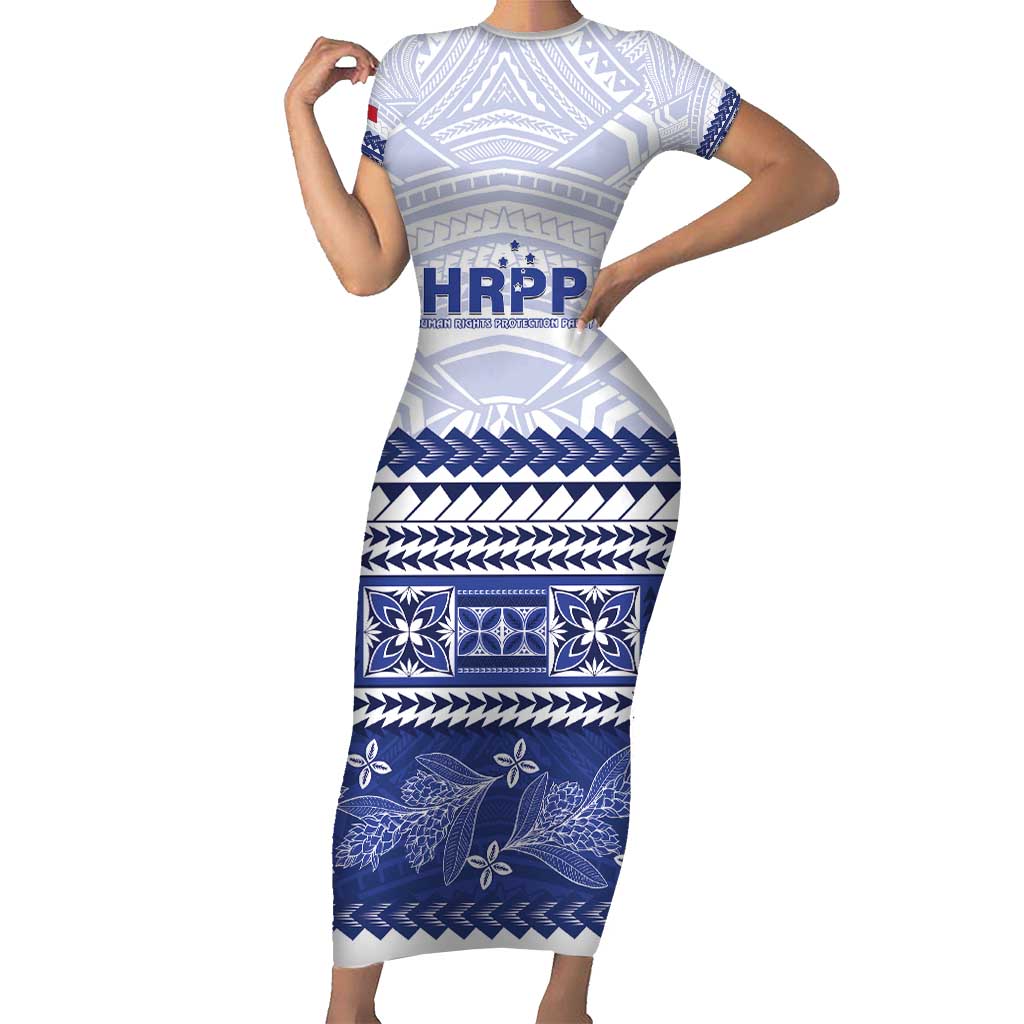 Personalised HRPP Samoa Siapo Short Sleeve Bodycon Dress Teuila Flowers Samoan Pattern LT14 Long Dress White - Polynesian Pride