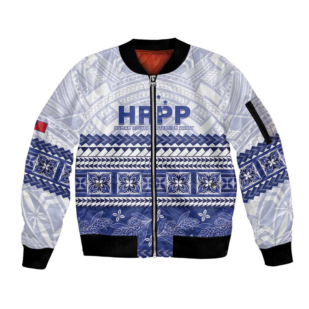 Personalised HRPP Samoa Siapo Sleeve Zip Bomber Jacket Teuila Flowers Samoan Pattern LT14 Unisex White - Polynesian Pride