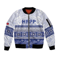 Personalised HRPP Samoa Siapo Sleeve Zip Bomber Jacket Teuila Flowers Samoan Pattern LT14 Unisex White - Polynesian Pride