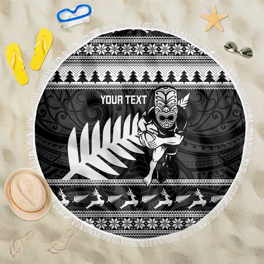 New Zealand Christmas Rugby Personalised Beach Blanket Meri Kirihimete All Black Maori LT14 One Size 150cm Black - Polynesian Pride