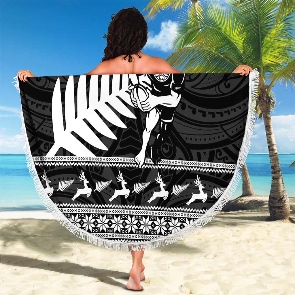 New Zealand Christmas Rugby Personalised Beach Blanket Meri Kirihimete All Black Maori LT14 - Polynesian Pride