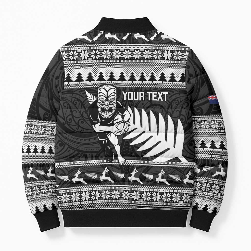 New Zealand Christmas Rugby Personalised Bomber Puffer Jacket Meri Kirihimete All Black Maori - Polynesian Pride