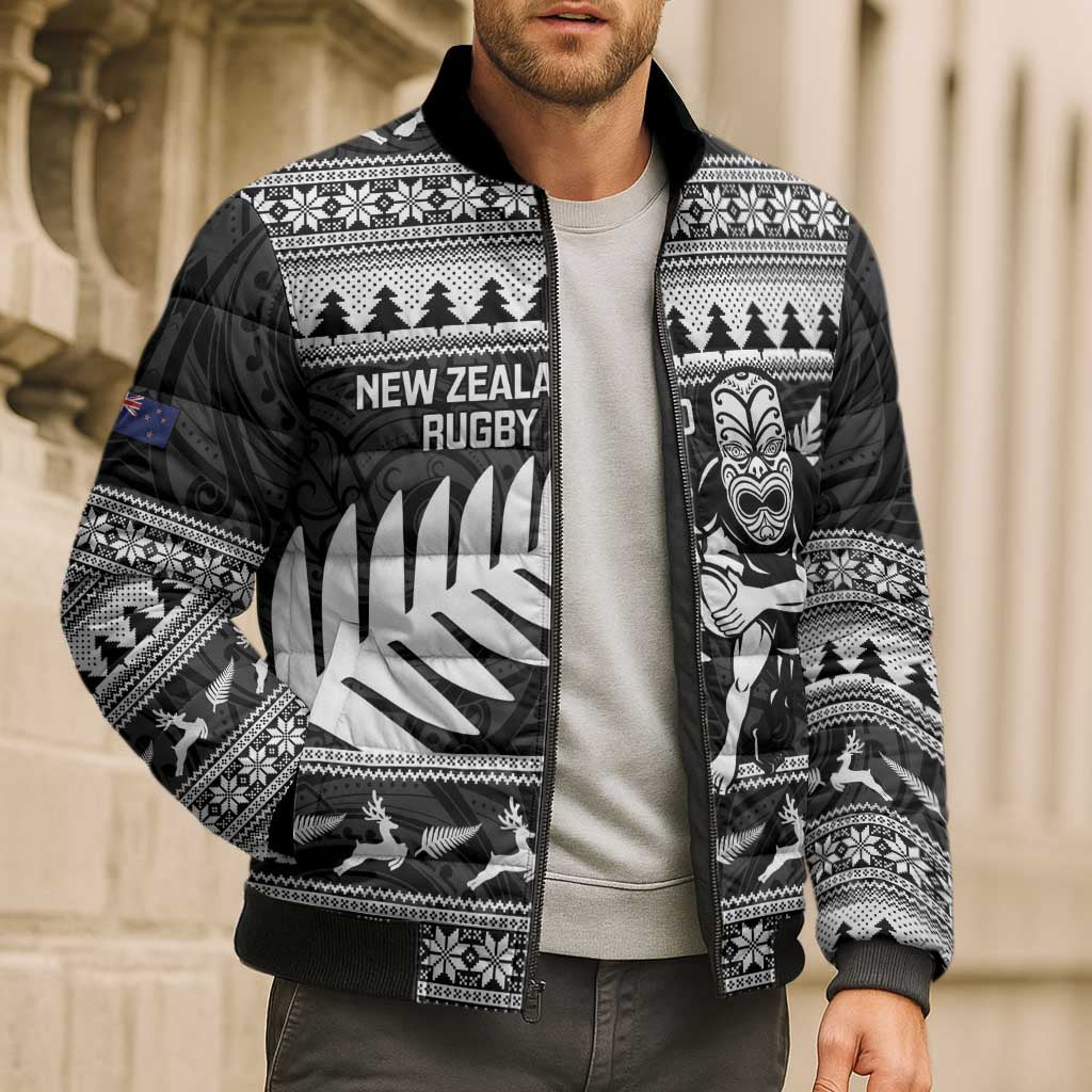 New Zealand Christmas Rugby Personalised Bomber Puffer Jacket Meri Kirihimete All Black Maori - Polynesian Pride