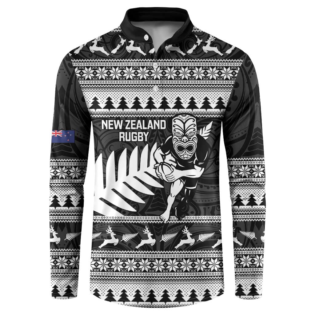 New Zealand Christmas Rugby Personalised Button Sweatshirt Meri Kirihimete All Black Maori - Polynesian Pride