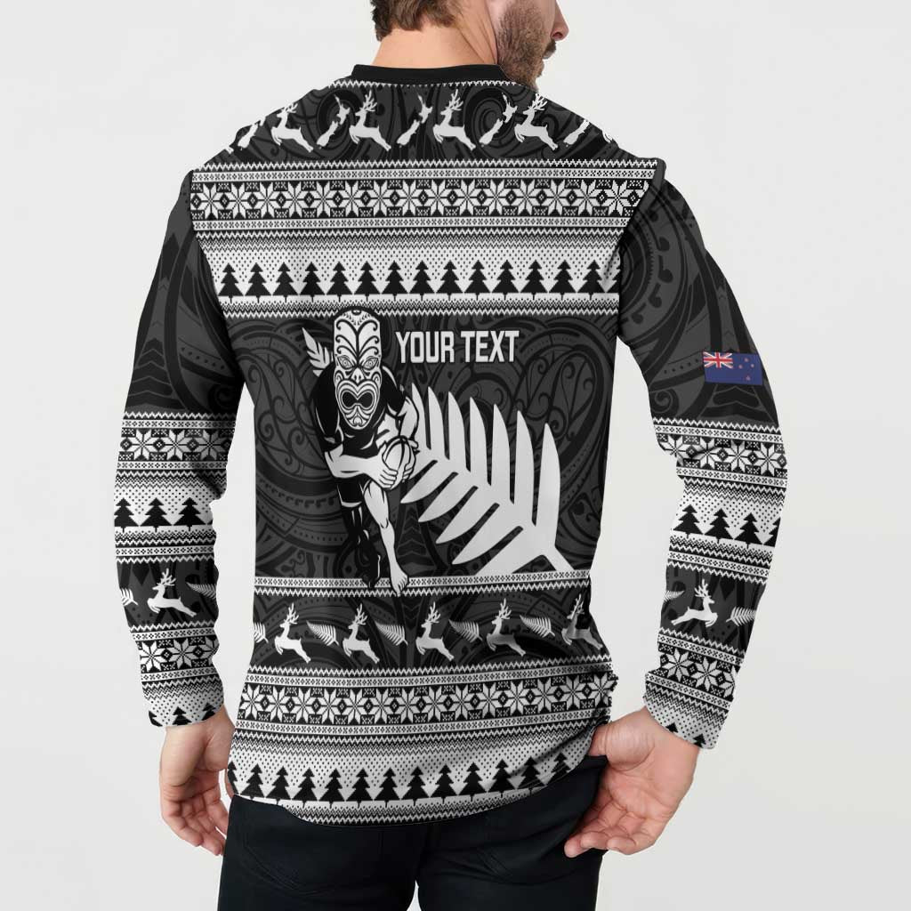 New Zealand Christmas Rugby Personalised Button Sweatshirt Meri Kirihimete All Black Maori - Polynesian Pride