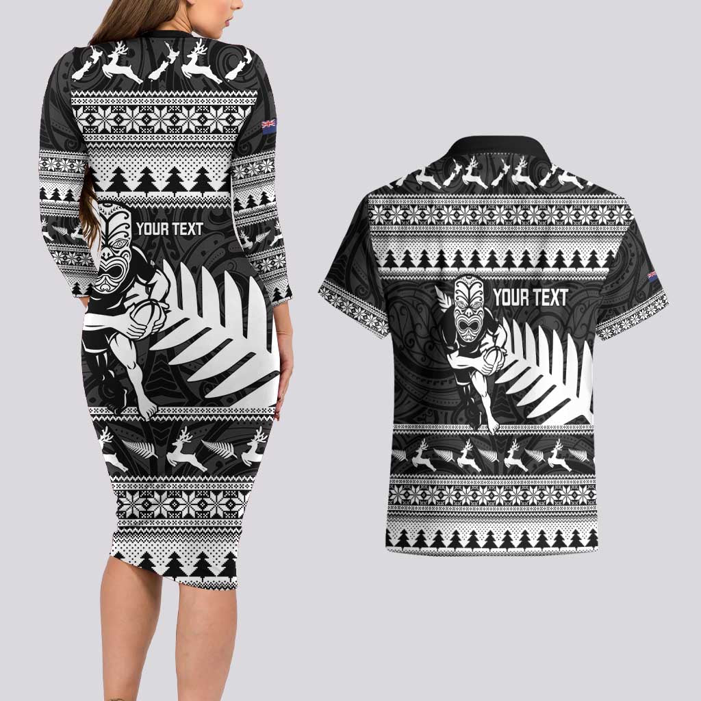 New Zealand Christmas Rugby Personalised Couples Matching Long Sleeve Bodycon Dress and Hawaiian Shirt Meri Kirihimete All Black Maori - Polynesian Pride