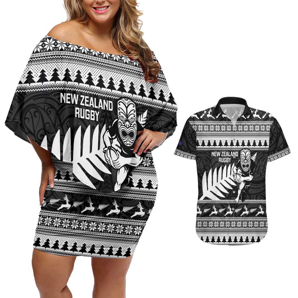 New Zealand Christmas Rugby Personalised Couples Matching Off Shoulder Short Dress and Hawaiian Shirt Meri Kirihimete All Black Maori - Polynesian Pride