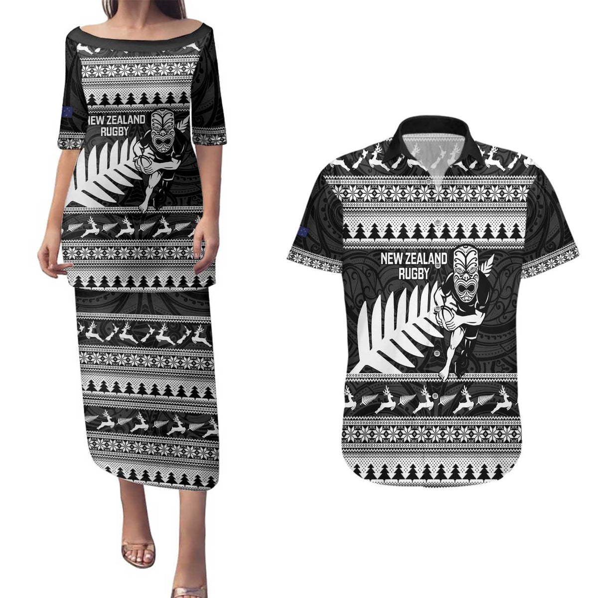 New Zealand Christmas Rugby Personalised Couples Matching Puletasi and Hawaiian Shirt Meri Kirihimete All Black Maori - Polynesian Pride