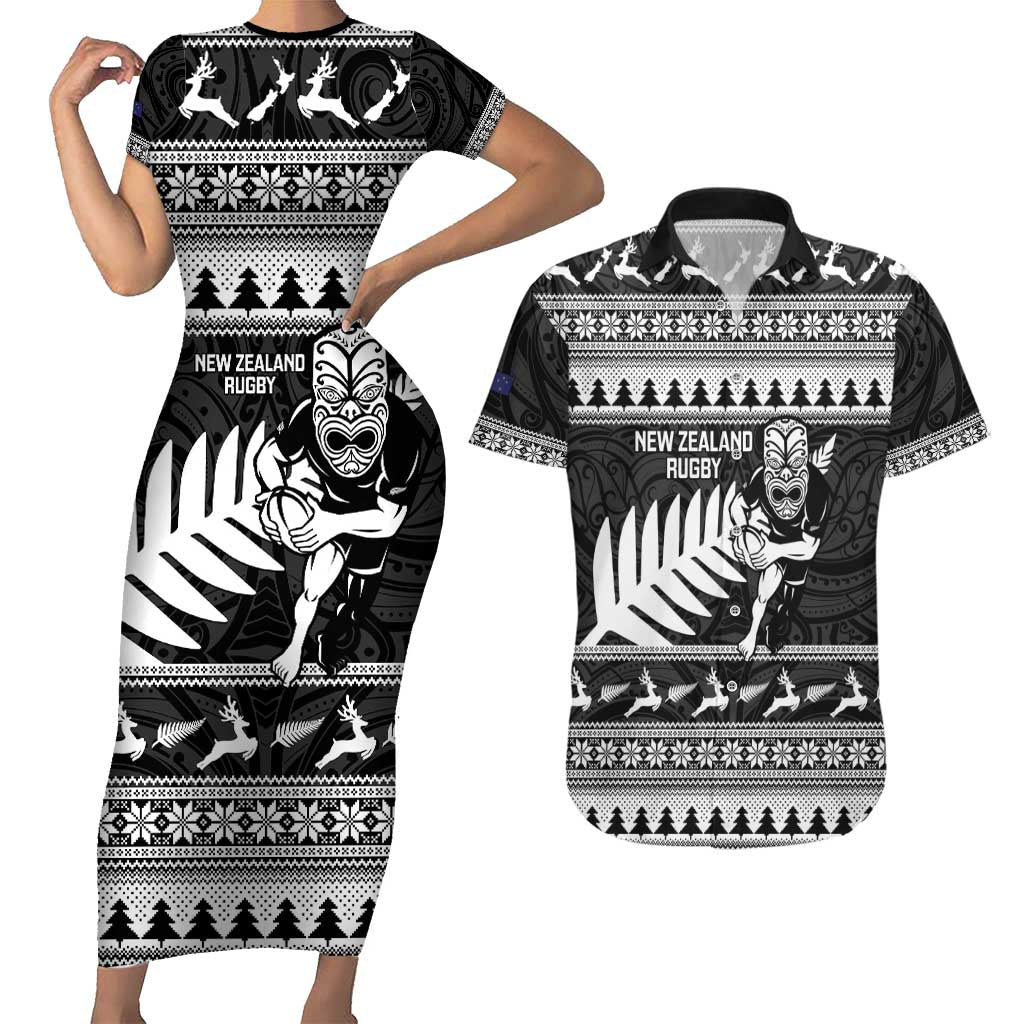 New Zealand Christmas Rugby Personalised Couples Matching Short Sleeve Bodycon Dress and Hawaiian Shirt Meri Kirihimete All Black Maori - Polynesian Pride