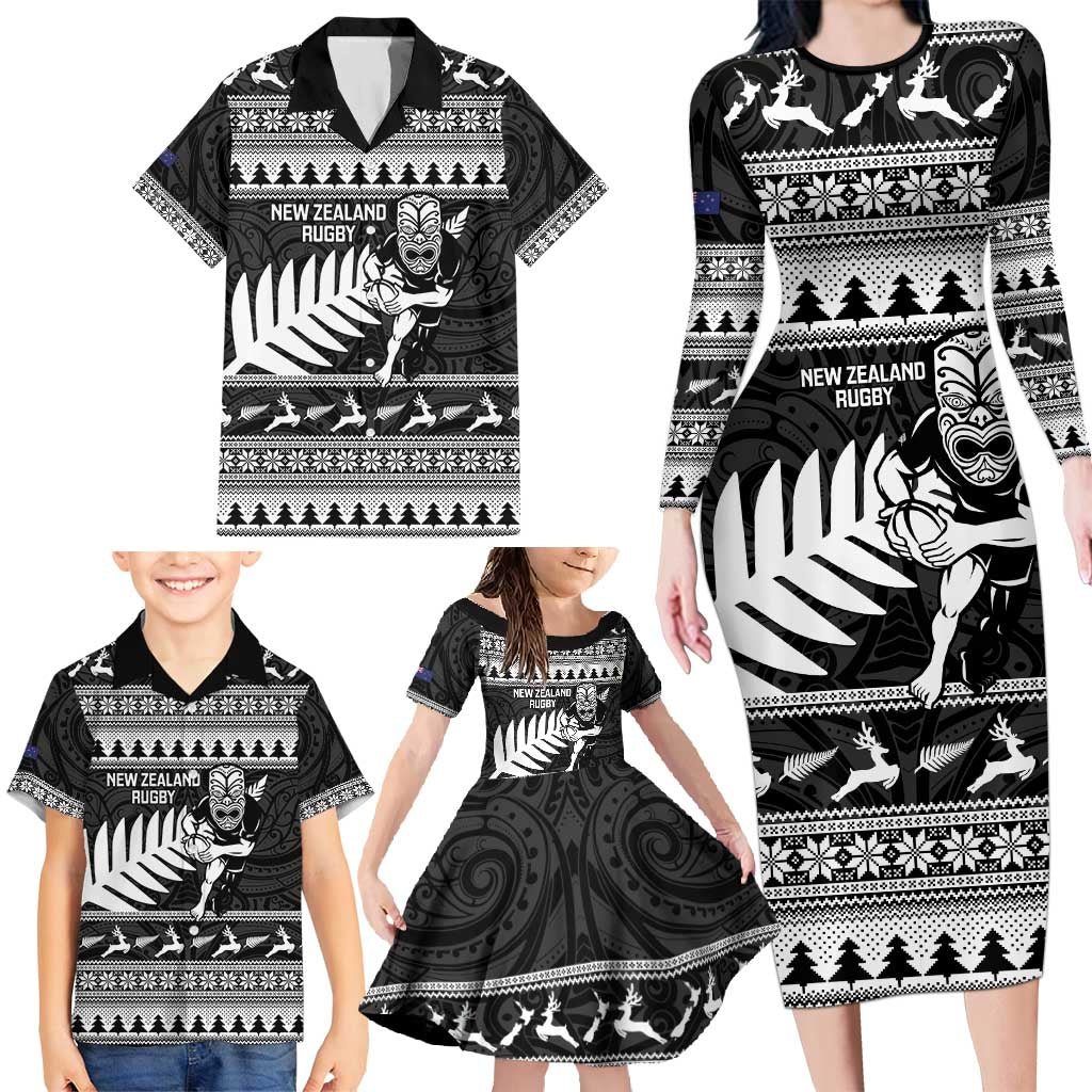 New Zealand Christmas Rugby Personalised Family Matching Long Sleeve Bodycon Dress and Hawaiian Shirt Meri Kirihimete All Black Maori - Polynesian Pride